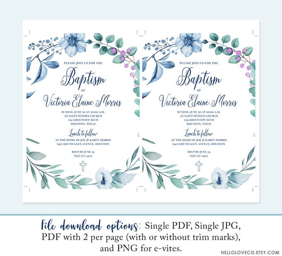blue floral baptism invitation editable template do it yourself baptism invitation