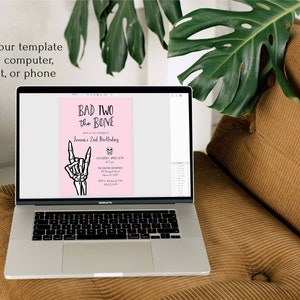 Bad Two The Bone 2nd Birthday Party Invitation Template, 5x7 Pink and Black Skeleton Hand Invite, Editable Template by HelloLoveCo image 3