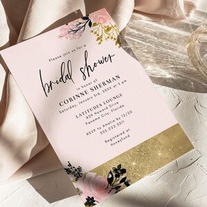 Gold, Pink, and Black Bridal Shower Invitation Template, 5x7 Modern Floral Bridal Shower Invite, Editable Template image 5