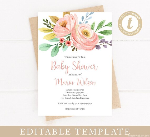 Editable Pink Floral Baby Shower Invitation Template Diy Etsy Editable Pink Floral Baby Shower Invitation Template Diy Etsy