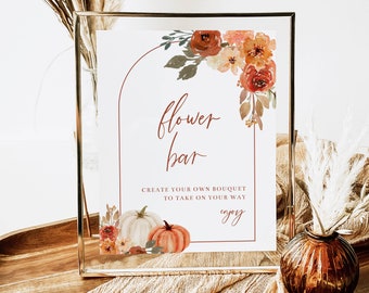 Flower Bar Sign Template, Boho Arch, Fall Floral, and Leaves, 8x10 and 5x7 Fall Bridal Shower Sign, Editable Template by HelloLoveCo