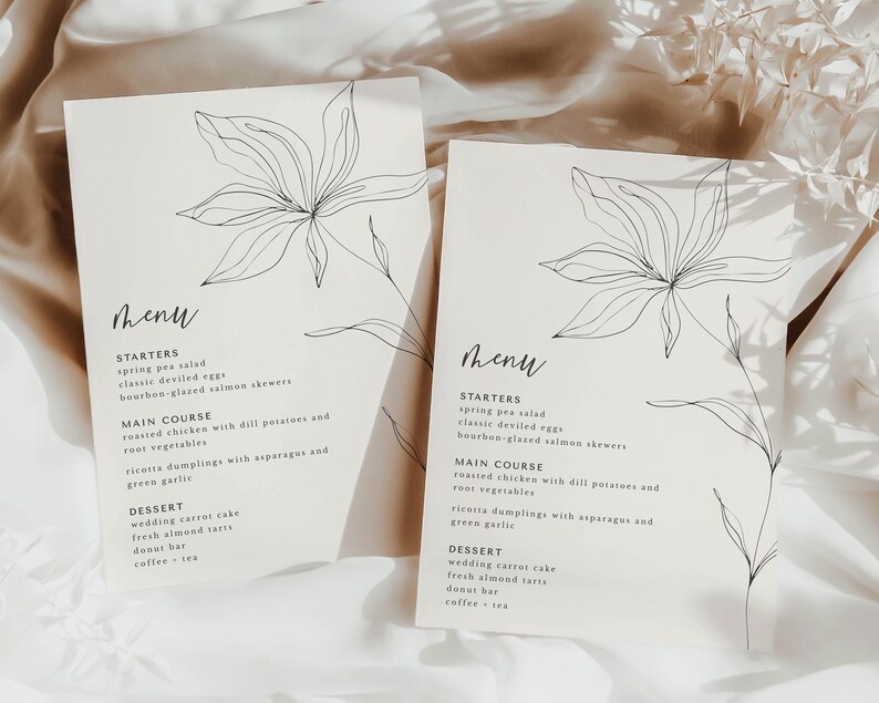 Wildflower Wedding Menu Template, 5x7 Simple Botanical Floral Wedding Reception Menu, Editable Template, Instant Download image 1