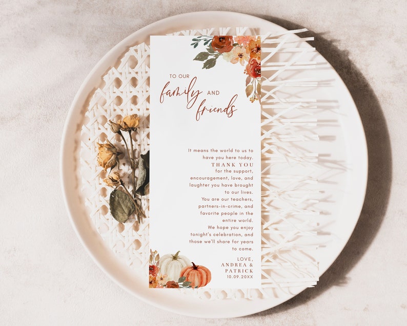 Fall Thank You Letter Template, Boho Pumpkins and Leaves, 4x9 Table Thank You Wedding Napkin Note, Place Setting, Editable Template image 2