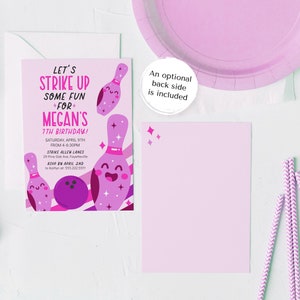 Editable Bowling Birthday Party Invitation Template, 5x7 Pink Purple Strike Up Some Fun Printable Invite, Any Age, Instant Download image 3