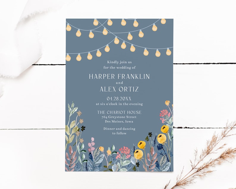 Wildflowers and Garden Lights Wedding Invitation Template, 5x7 Spring Summer Floral Wedding Invite, Editable Template Instant Download image 1