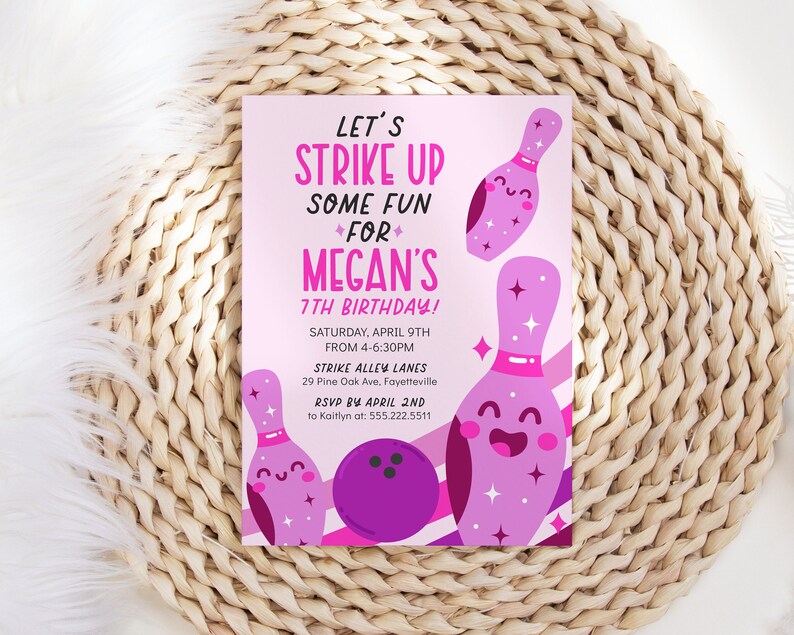 Editable Bowling Birthday Party Invitation Template, 5x7 Pink Purple Strike Up Some Fun Printable Invite, Any Age, Instant Download image 4