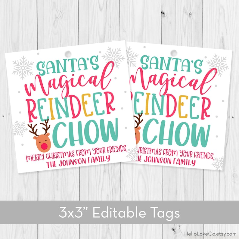 Editable Printable Santa's Magical Reindeer Chow Gift Tags | Etsy