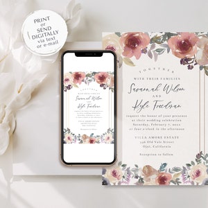 Dusty Rose Pink, Cream, and Blue Wedding Invitation Template, 5x7 Watercolor Floral Wedding Invite, Editable Template image 5