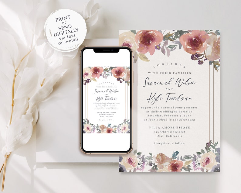 Dusty Rose Pink, Cream, and Blue Wedding Invitation Template, 5x7 Watercolor Floral Wedding Invite, Editable Template image 5