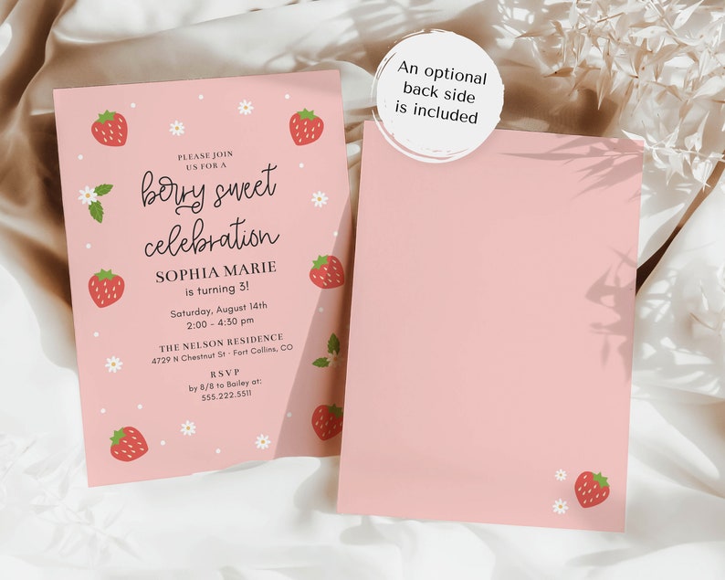 Berry Sweet Birthday Celebration Invitation Template, 5x7 Modern Strawberry Birthday Party, Any Age, Invite Printable, Editable Template image 2