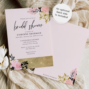 Gold, Pink, and Black Bridal Shower Invitation Template, 5x7 Modern Floral Bridal Shower Invite, Editable Template image 3