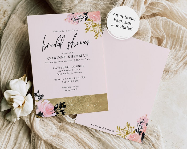 Gold, Pink, and Black Bridal Shower Invitation Template, 5x7 Modern Floral Bridal Shower Invite, Editable Template image 3
