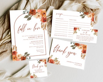 Fall In Love Bridal Shower Template Bundle, Boho Arch Fall Floral and Leaves, Editable Templates