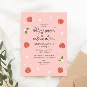 Berry Sweet Birthday Celebration Invitation Template, 5x7 Modern Strawberry Birthday Party, Any Age, Invite Printable, Editable Template image 4