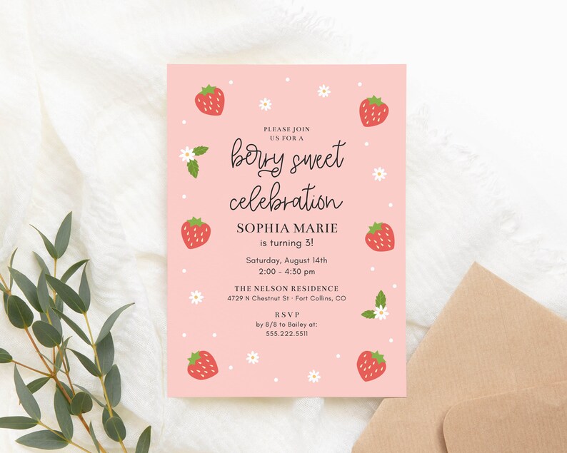 Berry Sweet Birthday Celebration Invitation Template, 5x7 Modern Strawberry Birthday Party, Any Age, Invite Printable, Editable Template image 4