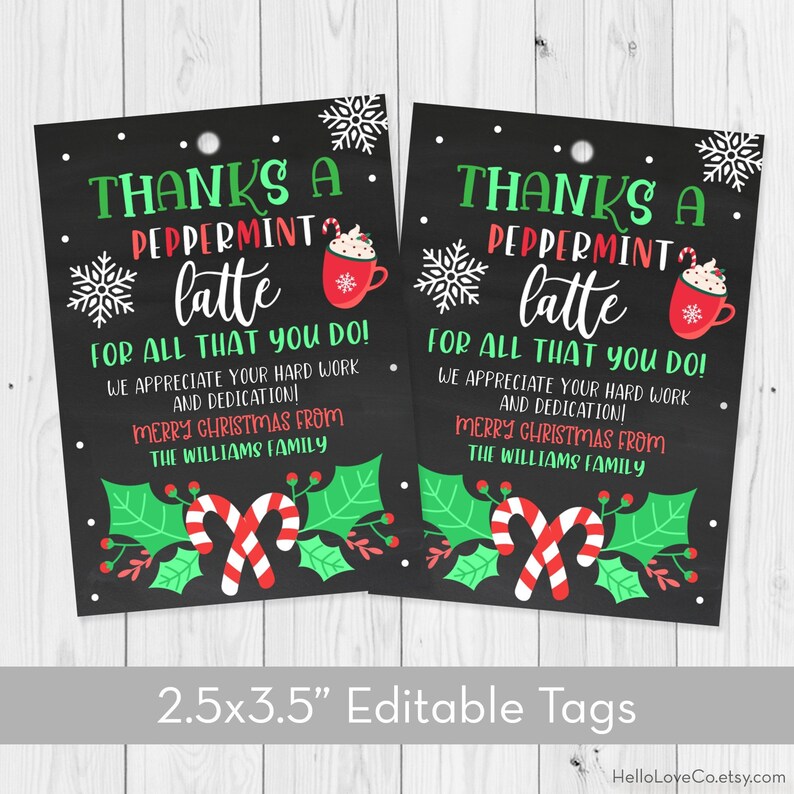 Editable Printable Peppermint Latte Gift Tags Template Thank Etsy