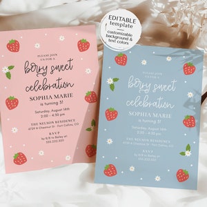 Berry Sweet Birthday Celebration Invitation Template, 5x7 Modern Strawberry Birthday Party, Any Age, Invite Printable, Editable Template image 3