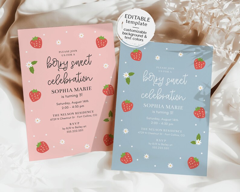 Berry Sweet Birthday Celebration Invitation Template, 5x7 Modern Strawberry Birthday Party, Any Age, Invite Printable, Editable Template image 3