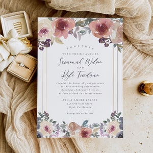 Dusty Rose Pink, Cream, and Blue Wedding Invitation Template, 5x7 Watercolor Floral Wedding Invite, Editable Template image 7