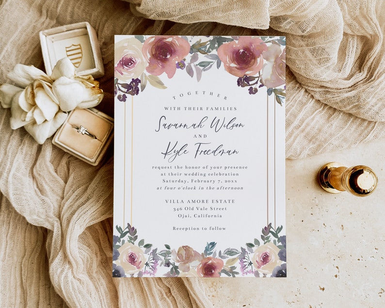 Dusty Rose Pink, Cream, and Blue Wedding Invitation Template, 5x7 Watercolor Floral Wedding Invite, Editable Template image 7