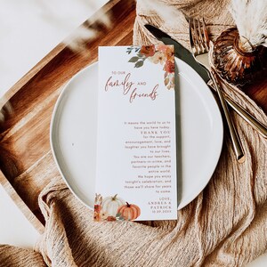 Fall Thank You Letter Template, Boho Pumpkins and Leaves, 4x9 Table Thank You Wedding Napkin Note, Place Setting, Editable Template image 4