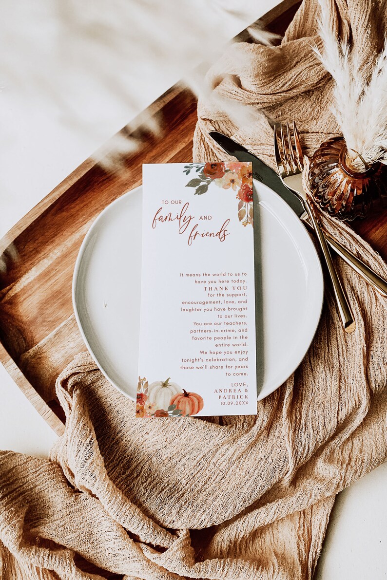 Fall Thank You Letter Template, Boho Pumpkins and Leaves, 4x9 Table Thank You Wedding Napkin Note, Place Setting, Editable Template image 4