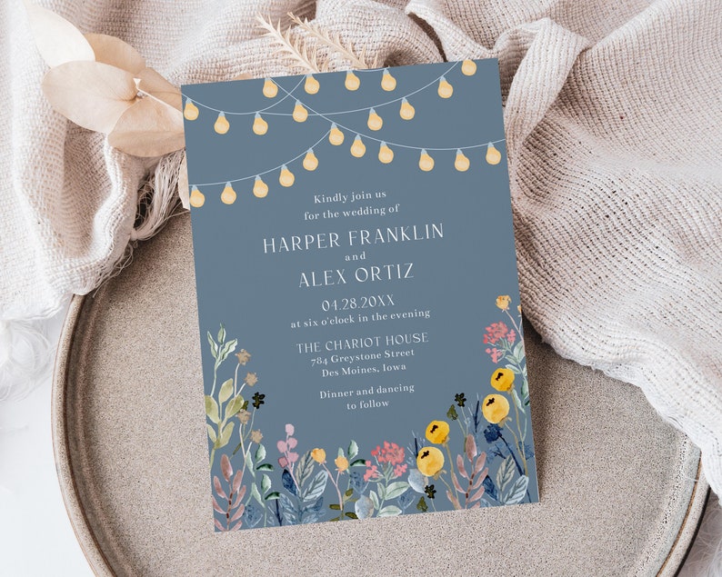 Wildflowers and Garden Lights Wedding Invitation Template, 5x7 Spring Summer Floral Wedding Invite, Editable Template Instant Download image 2