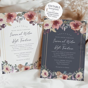 Dusty Rose Pink, Cream, and Blue Wedding Invitation Template, 5x7 Watercolor Floral Wedding Invite, Editable Template image 2