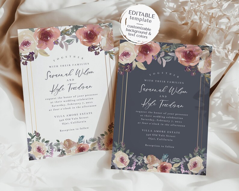 Dusty Rose Pink, Cream, and Blue Wedding Invitation Template, 5x7 Watercolor Floral Wedding Invite, Editable Template image 2