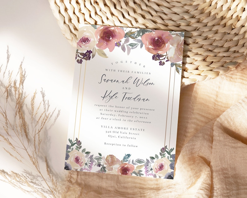 Dusty Rose Pink, Cream, and Blue Wedding Invitation Template, 5x7 Watercolor Floral Wedding Invite, Editable Template image 1