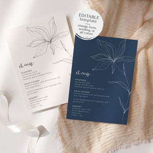 Wildflower Wedding Menu Template, 5x7 Simple Botanical Floral Wedding Reception Menu, Editable Template, Instant Download image 2