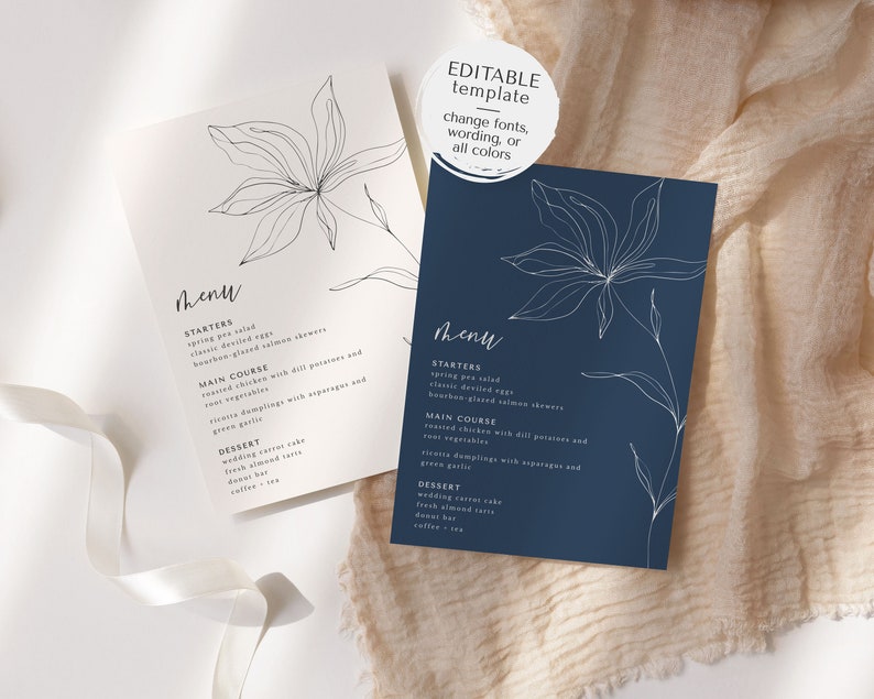 Wildflower Wedding Menu Template, 5x7 Simple Botanical Floral Wedding Reception Menu, Editable Template, Instant Download image 2
