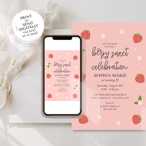 Modèle d'invitation de célébration d'anniversaire doux baies, fête d'anniversaire moderne aux fraises 5 x 7, tout âge, modèle imprimable, modifiable sur invitation image 5