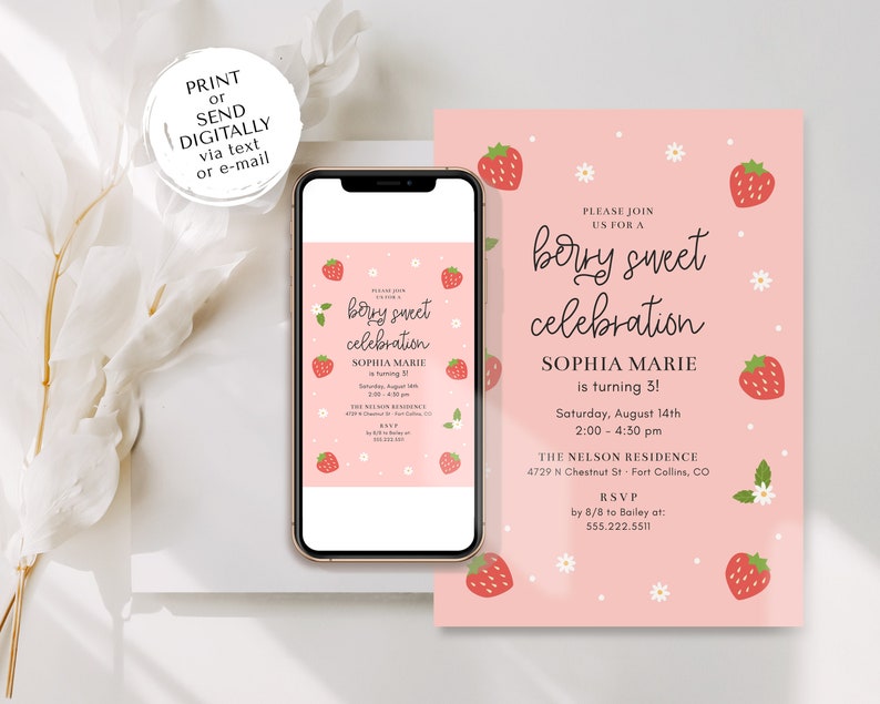 Berry Sweet Birthday Celebration Invitation Template, 5x7 Modern Strawberry Birthday Party, Any Age, Invite Printable, Editable Template image 5