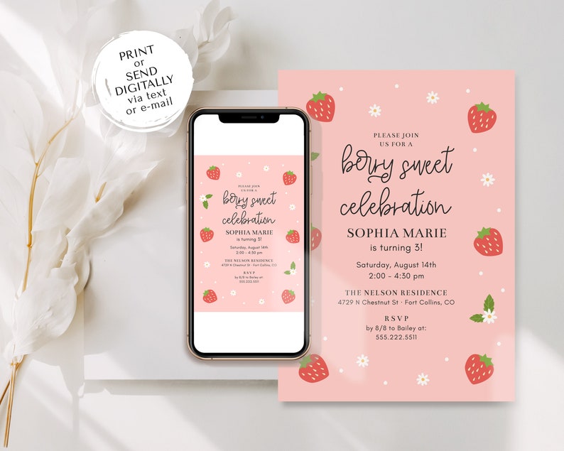 Modèle d'invitation de célébration d'anniversaire doux baies, fête d'anniversaire moderne aux fraises 5 x 7, tout âge, modèle imprimable, modifiable sur invitation image 5