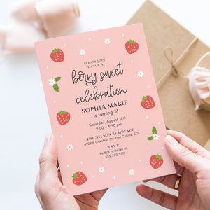 Berry Sweet Birthday Celebration Invitation Template, 5x7 Modern Strawberry Birthday Party, Any Age, Invite Printable, Editable Template image 7