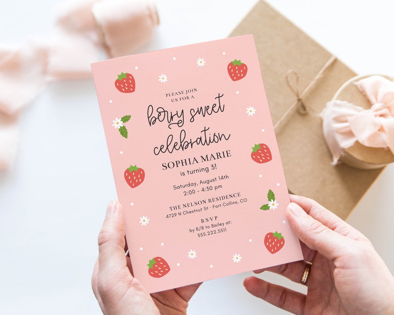 Berry Sweet Birthday Celebration Invitation Template, 5x7 Modern Strawberry Birthday Party, Any Age, Invite Printable, Editable Template image 7