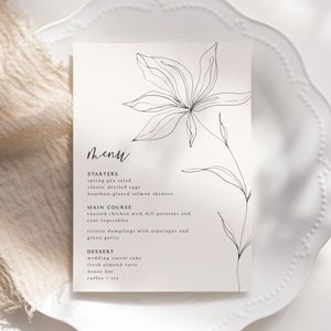 Wildflower Wedding Menu Template, 5x7 Simple Botanical Floral Wedding Reception Menu, Editable Template, Instant Download image 3