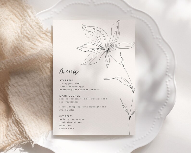 Wildflower Wedding Menu Template, 5x7 Simple Botanical Floral Wedding Reception Menu, Editable Template, Instant Download image 3