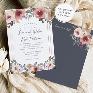 Dusty Rose Pink, Cream, and Blue Wedding Invitation Template, 5x7 Watercolor Floral Wedding Invite, Editable Template image 3