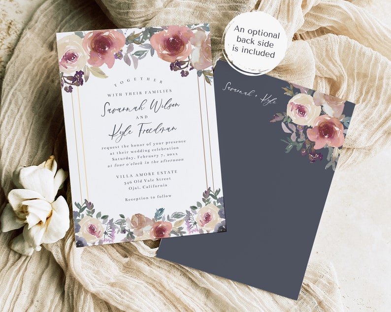 Dusty Rose Pink, Cream, and Blue Wedding Invitation Template, 5x7 Watercolor Floral Wedding Invite, Editable Template image 3