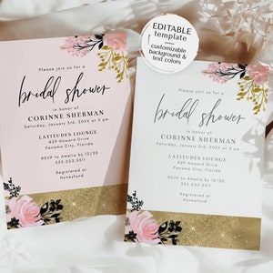 Gold, Pink, and Black Bridal Shower Invitation Template, 5x7 Modern Floral Bridal Shower Invite, Editable Template image 2