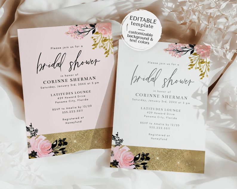 Gold, Pink, and Black Bridal Shower Invitation Template, 5x7 Modern Floral Bridal Shower Invite, Editable Template image 2