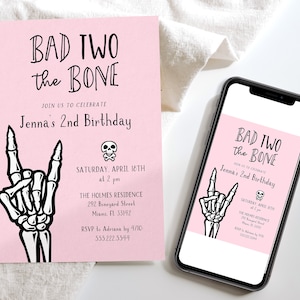 Bad Two The Bone 2nd Birthday Party Invitation Template, 5x7 Pink and Black Skeleton Hand Invite, Editable Template by HelloLoveCo image 2