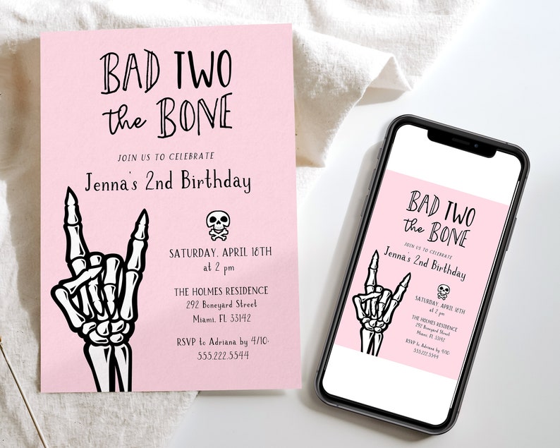 Bad Two The Bone 2nd Birthday Party Invitation Template, 5x7 Pink and Black Skeleton Hand Invite, Editable Template by HelloLoveCo image 2