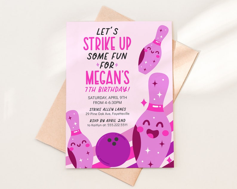 Editable Bowling Birthday Party Invitation Template, 5x7 Pink Purple Strike Up Some Fun Printable Invite, Any Age, Instant Download image 1