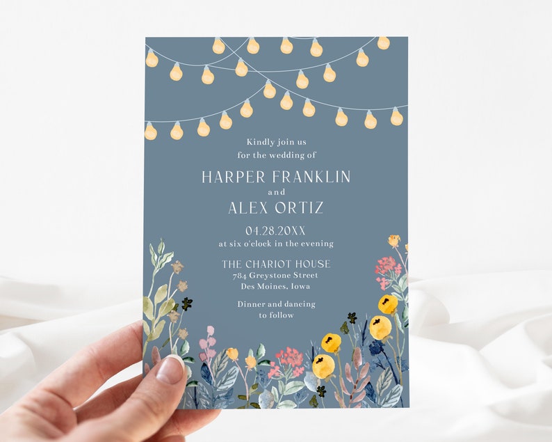 Wildflowers and Garden Lights Wedding Invitation Template, 5x7 Spring Summer Floral Wedding Invite, Editable Template Instant Download image 5