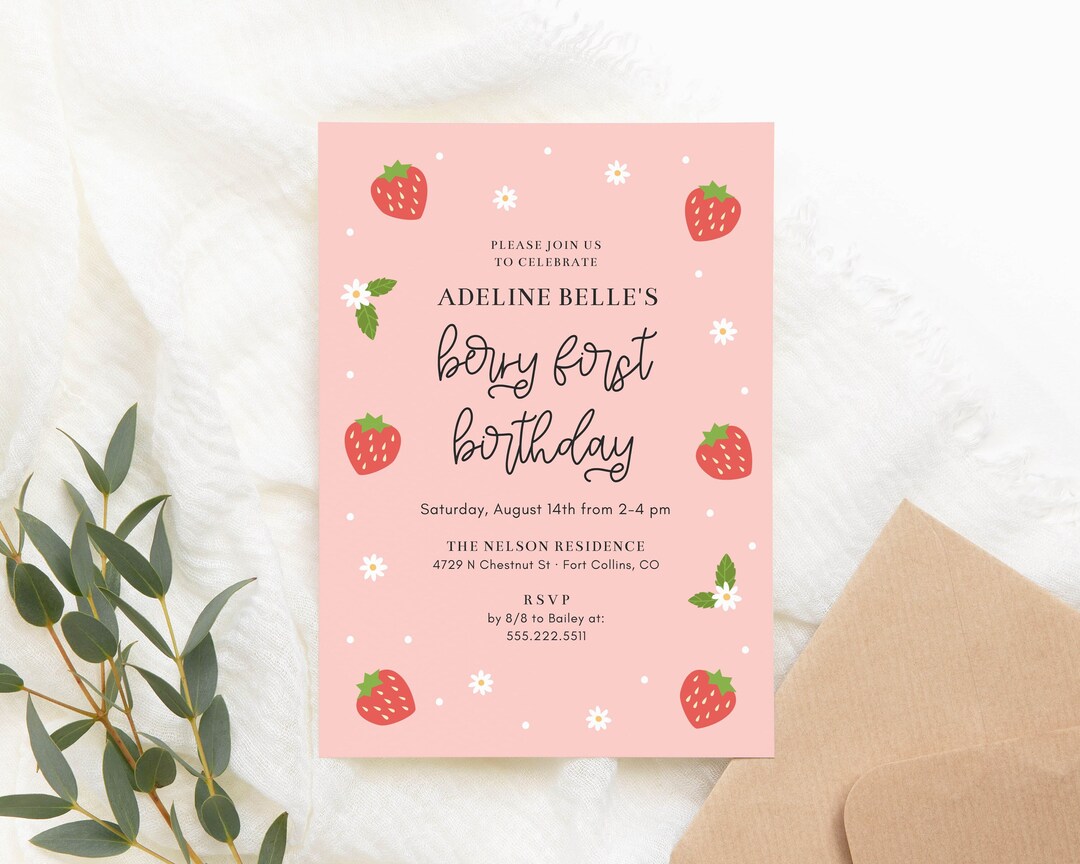 Berry First Birthday Invitation Template 5x7 Modern Strawberry 1st Berry First Birthday Invitation Template 5x7 Modern Strawberry 1st
