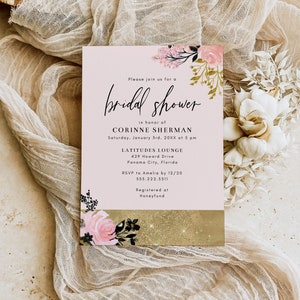 Gold, Pink, and Black Bridal Shower Invitation Template, 5x7 Modern Floral Bridal Shower Invite, Editable Template image 7
