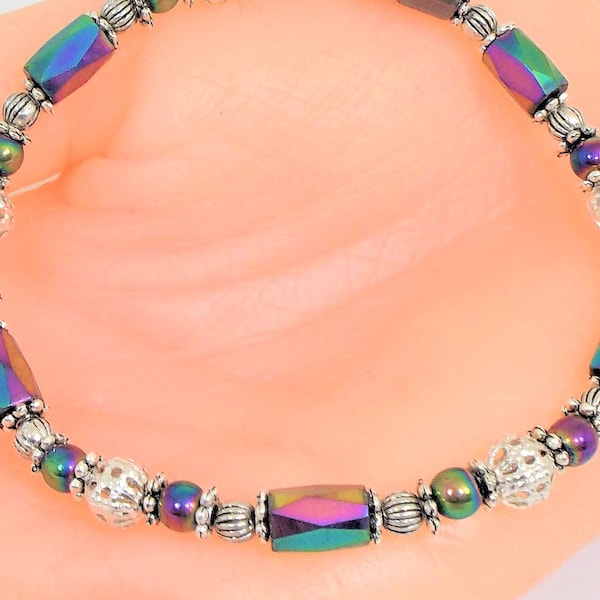 Rainbow Magnetic Hematite Silver Bracelet, Anklet, Ankle Bracelet, Magnet Therapy, Power stone, Woman Man Unisex